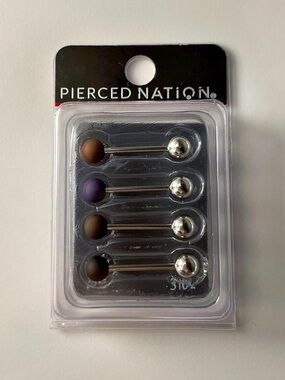 Spencer’s Silver Tone Black Brown Purple Matte 4 Pack Barbell Tongue Piercings
